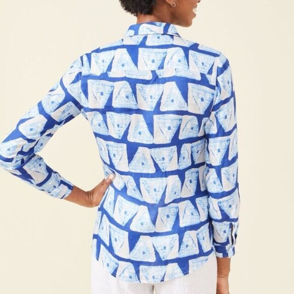 J. McLaughlin Lois Linen Small Blouse Blue White - Picture 5 of 13